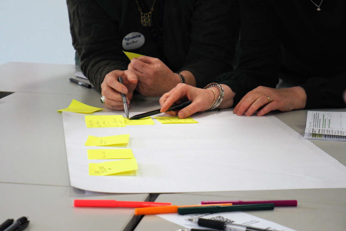 Two people writing notes on sticky notes laid out on a large sheet of paper.